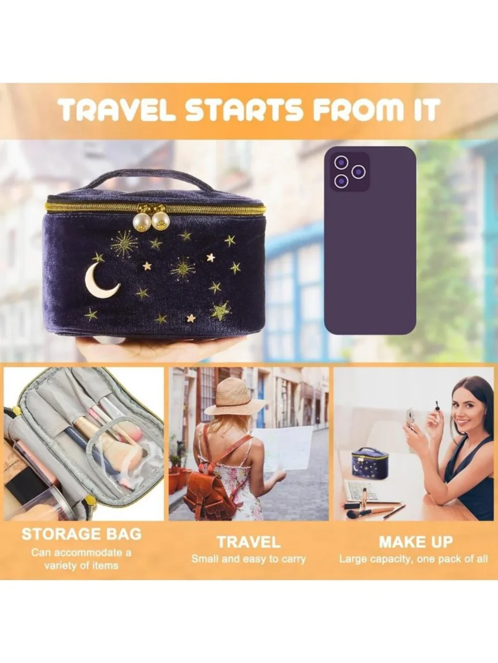 2 Pcs Velvet Cosmetic Bags - Moon & Stars Embroidered Travel Pouches for Women